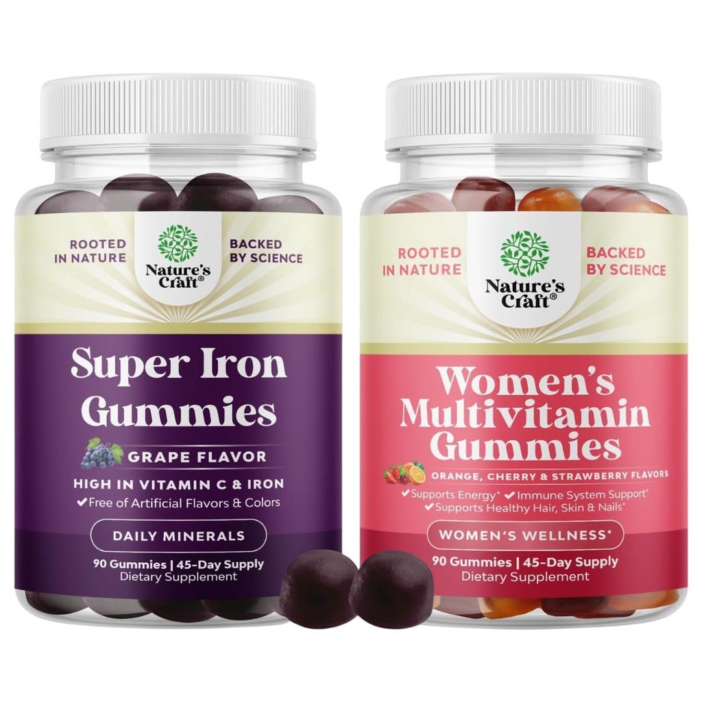 Bundle of Extra Strength Iron Gummies for Women and Men - Potent 45mg per Serving with Vitamin C and Multivitamin for Women Gummies for Adults Energy and Immunity - Women's Health and Wellness