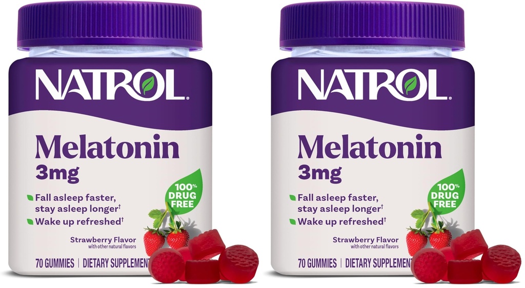 Natrol Melatonin Gummies,Sleep Support for Adults,3 mg Melatonin Supplement for Sleeping,70 Strawberry-Flavored Gummies,Up to a 70 Day Supply,(Pack of 2)