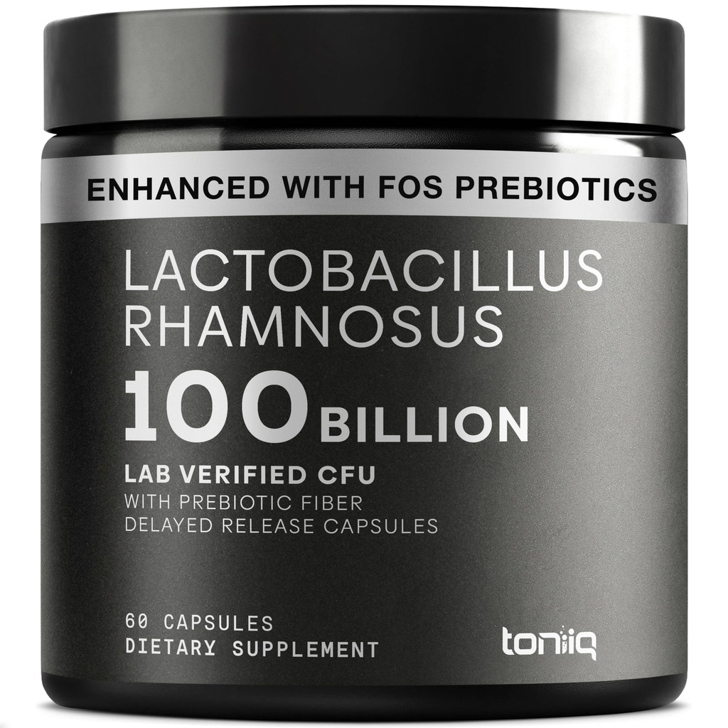 Toniiq Lactobacillus Rhamnosus – Ultra High Strength 100B CFU with Prebiotic FOS – Delayed Release Capsules – Third-Party Lab Tested – 60 Capsules