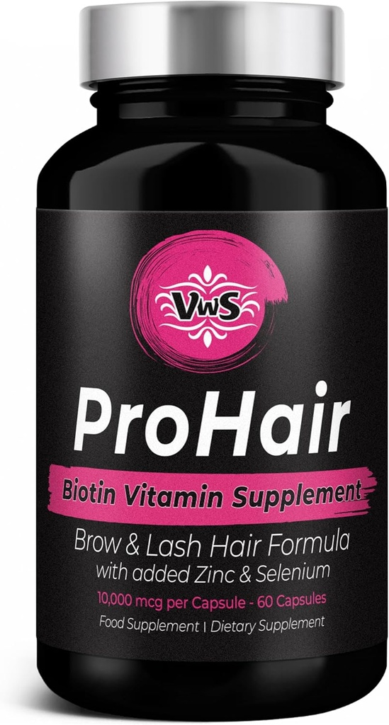 VWS Biotina 10,000 mcg Suplemento dietético w/Zinc &amp; Selenium para promover el crecimiento del cabello delgado, uñas más fuertes &amp; piel sana para mujeres y hombres, 60 cápsulas veganos
