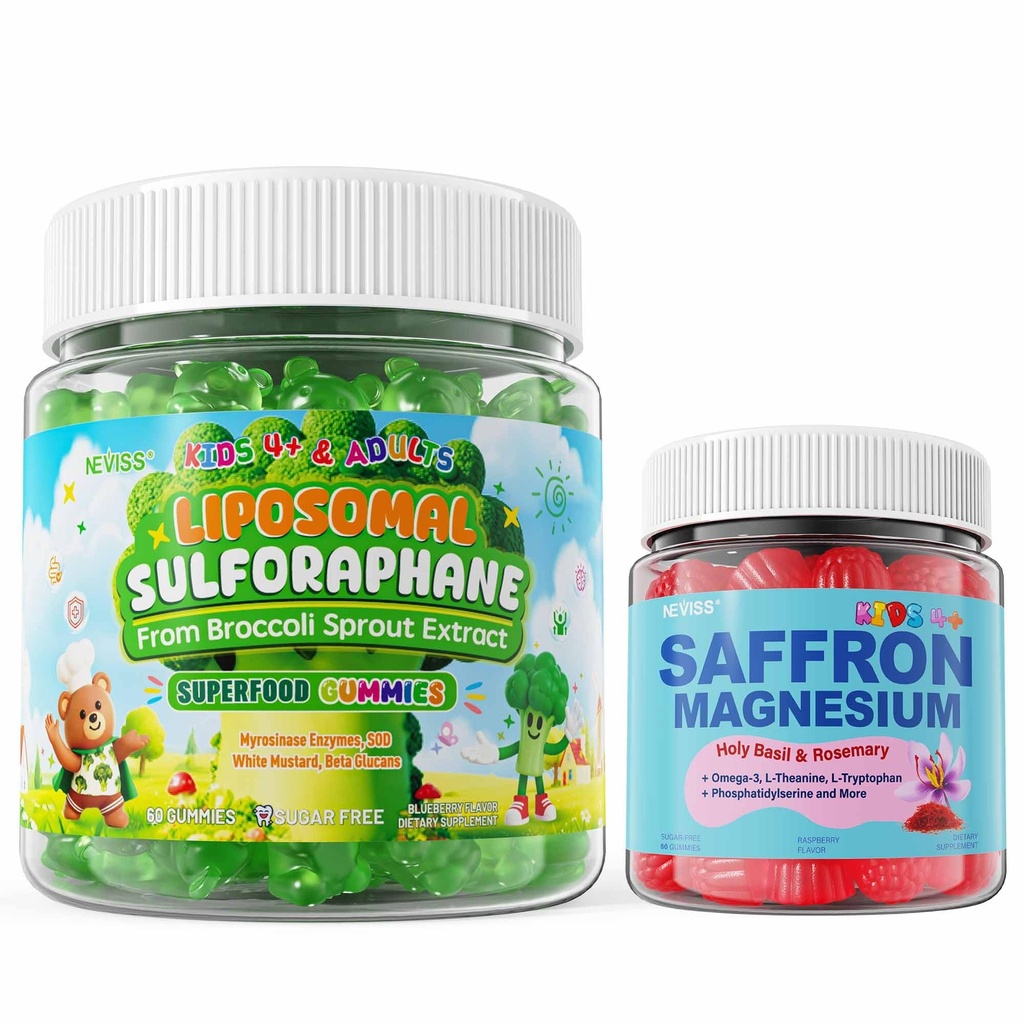 NEVISS 2PACK Liposomal Sulforaphane Gummies + Saffron +Magnesium Glycinate Gummies for Kids
