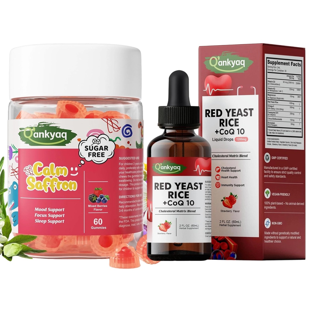 Q'ankyaq Kids Saffron Gummies, & Red Yeast Rice with CoQ10 Liquid Drops, Saffron Supplements for Kids (3 yrs+), 1200mg Red Rice Yeast Extract for Cholesterol Health