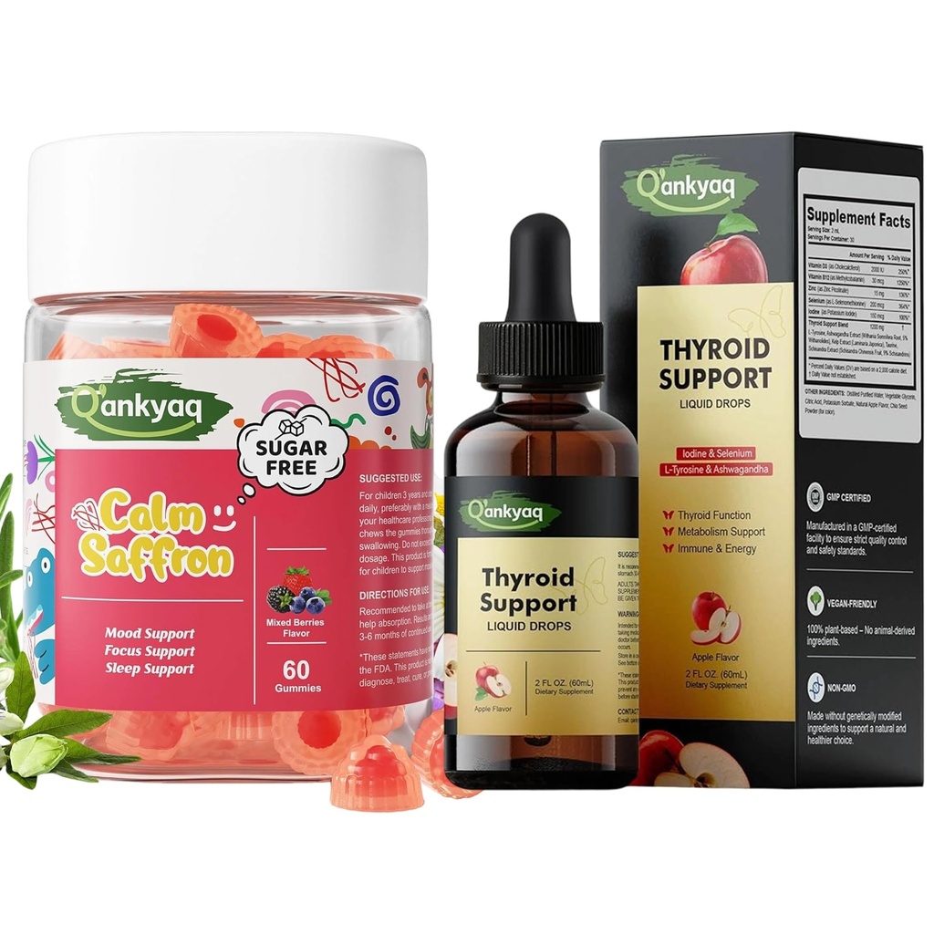Q'ankyaq Kids Saffron Gummies, &Thyroid Support Liquid Drops, Saffron Supplements for Kids (3 yrs+), Thyroid Support for Women, Iodine Drops for Thyroid Health*
