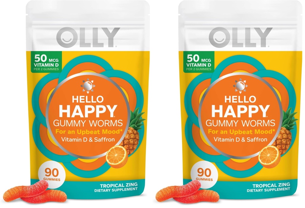 OLLY Hello Happy Gummy Worms,Mood Balance Support,Vitamin D,Saffron,Adult Chewable Supplement,Gluten Free,Tropical Zing -,90 Count (Pack of 2)