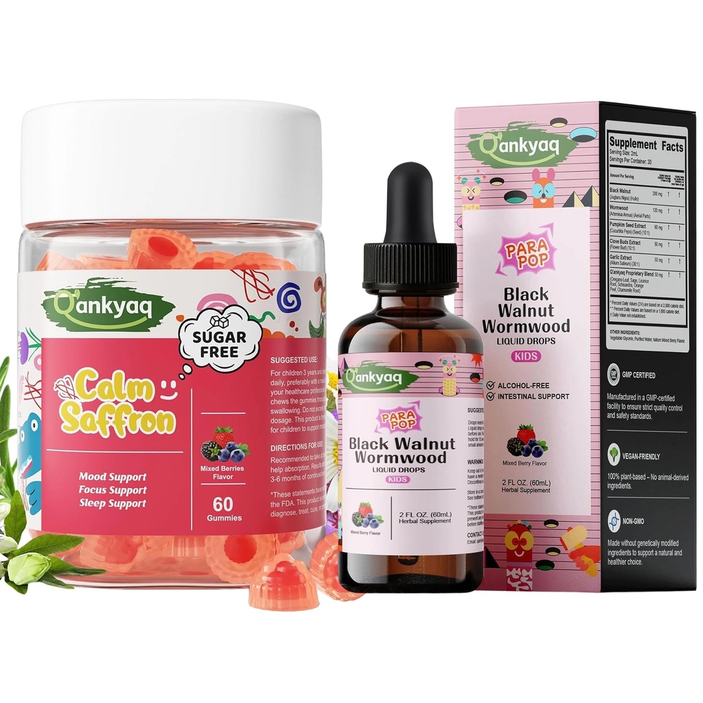 Q'ankyaq Black Walnut Wormwood Liquid for Kids, Kids Saffron Gummies, Saffron Supplements for 3 yrs+