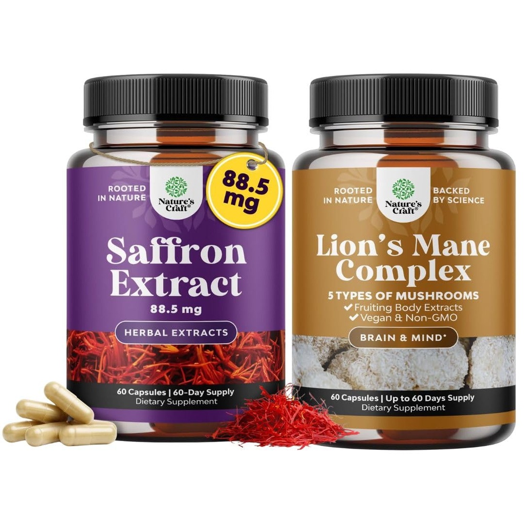 Bundle of Pure Extract of Saffron Supplements - Crocus Sativus Flower of Saffron Extract for Good Mood and Advanced Lion's Mane Mushroom with Reishi, Chaga, Maitake & Shiitake for Brain Health