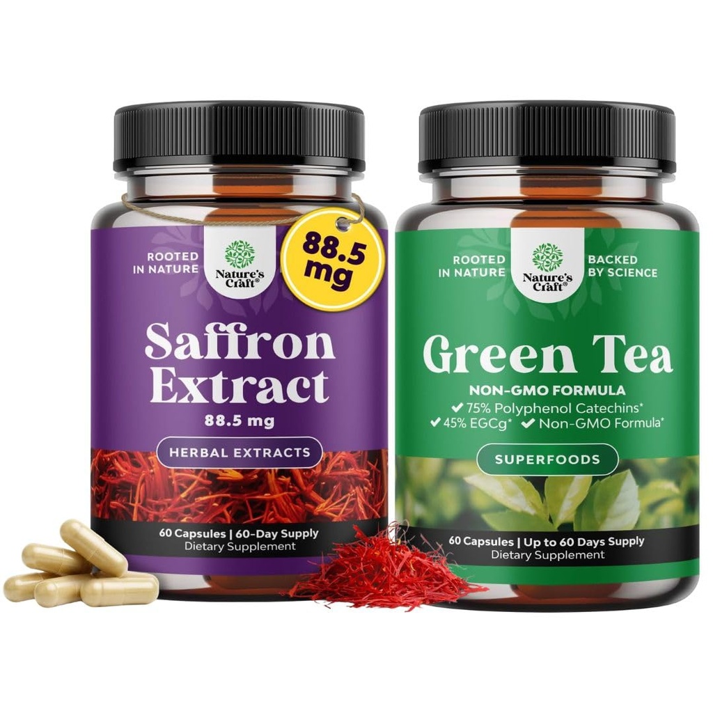 Bundle of Pure Extract of Saffron Supplements - Crocus Sativus Flower of Saffron for Good Mood and Green Tea Extract Capsules - EGCG, Caffeine & Polyphenols for Metabolism Support