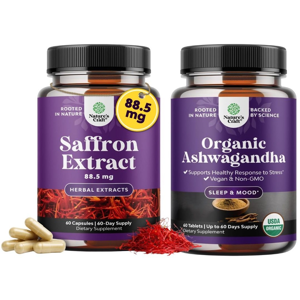 Bundle of Pure Extract of Saffron Supplements - Crocus Sativus Flower of Saffron Extract for Good Mood, Metabolism Support & Eye Health and High Strength Organic Ashwagandha for Mood & Hormone Balance