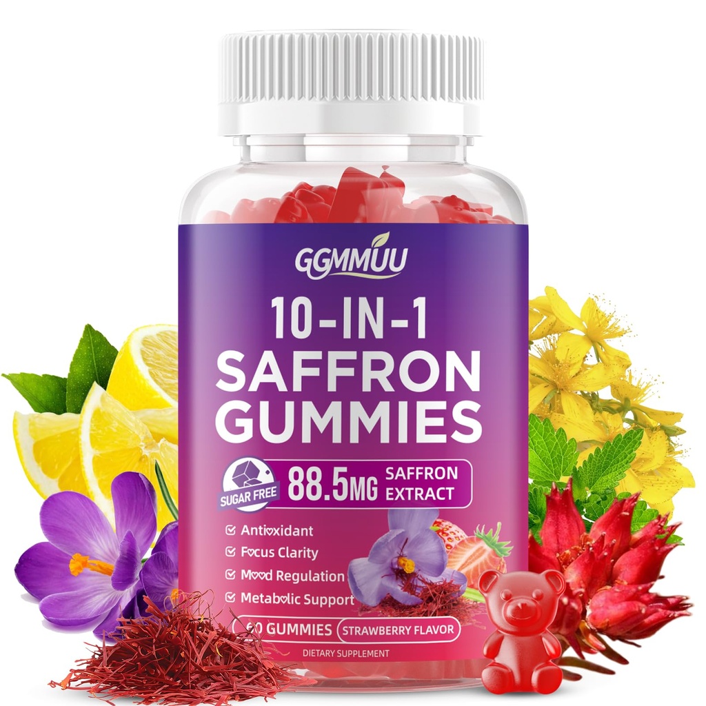 Saffron Supplement Gummies, 10-in-1 Cortisol Supplement with Saffron 88.5mg, Magnesium, Rhodiola Rosea, Ashwagandha, L-Theanine, St. John's Wort, for Calm, Focus & Relaxation, 60 Count