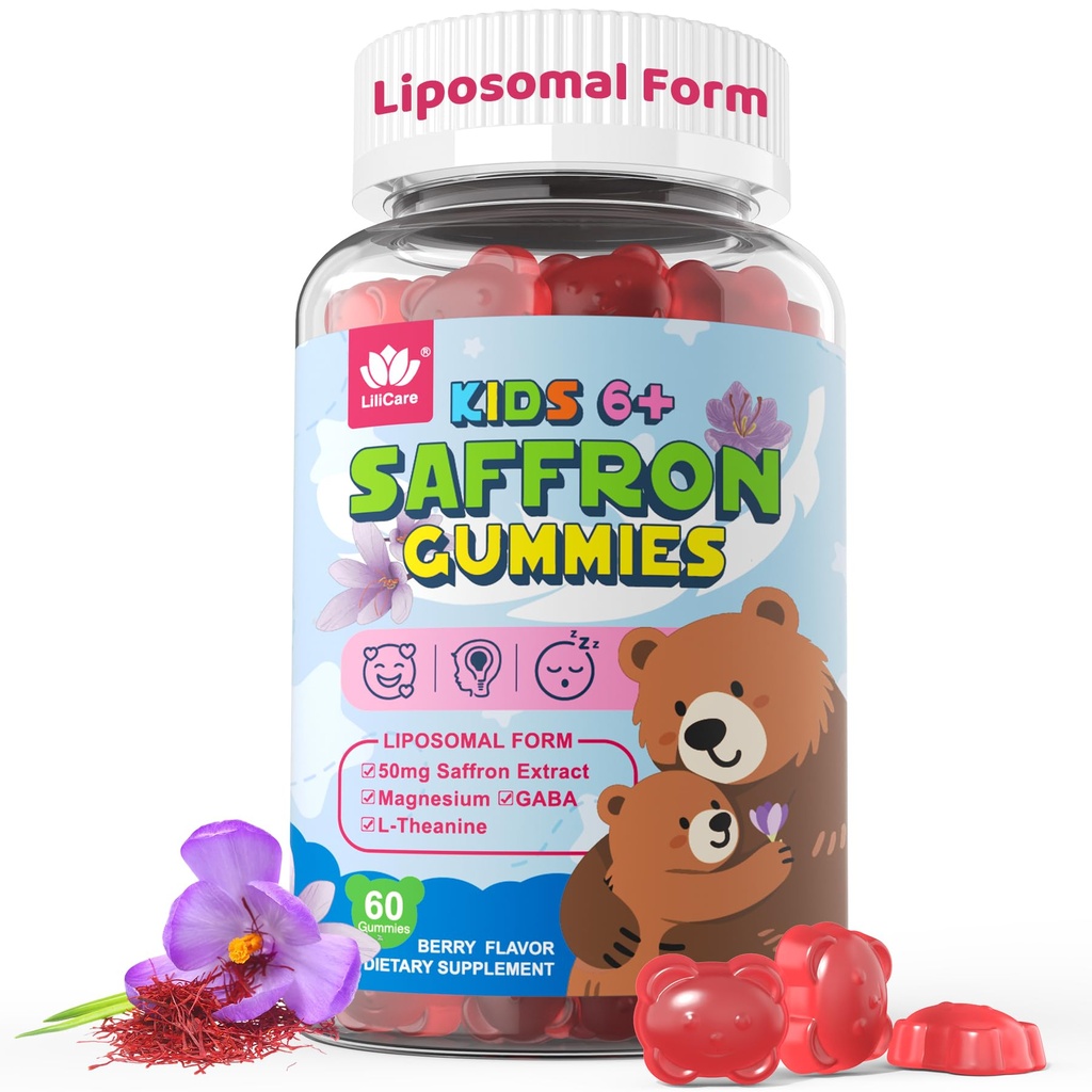 Sugar Free Saffron for Kids, Teens & Adults, Saffron Gummies Supplements for Kids Calm & Focus Gummies, Saffron Extract with L-Theanine, GABA & Magnesium Glycinate for Mood - No Melatonin, 60Cts