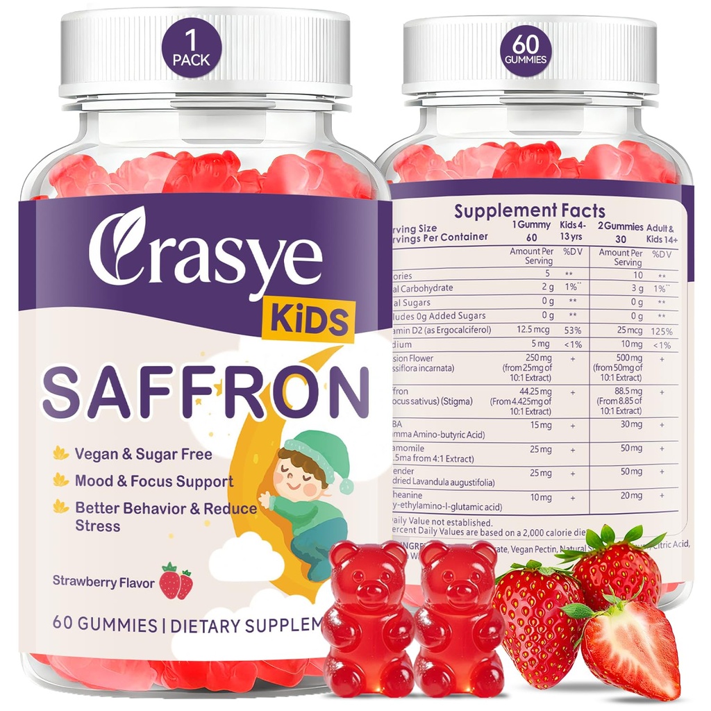 Saffron Gummies for Kids 100% Pure Organic Saffron Extract Sugar Free Saffron Supplements Gummy for Children Calm Mood & Focus - 60 Gummies