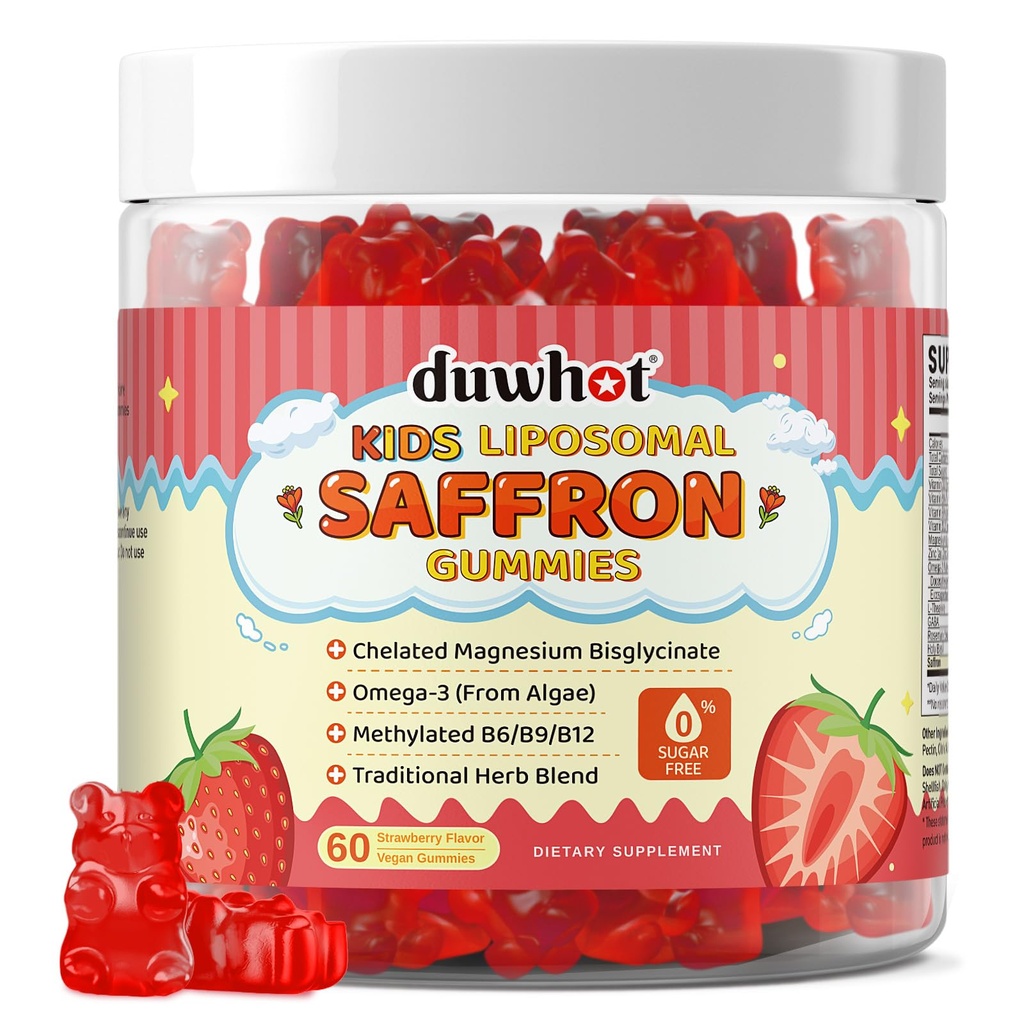 Liposomal Saffron Gummies for Kids 4+, Saffron Supplements w/Holy Basil, Rosemary, Magnesium Glycinate, Omega-3 & More, Brain Focus Support Supplement, Vegan, Organic, Sugar Free, 60 Chewables