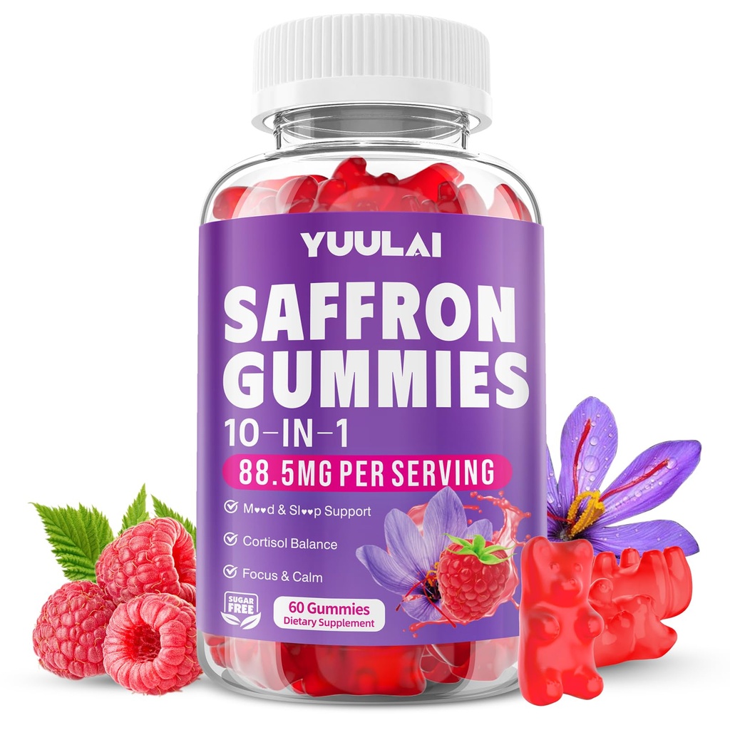 Saffron Gummies, 10-in-1 Saffron Supplements for Kids & Adults with 88.5mg Saffron Extract, for Emotions, Zzz, Sugar Free, Raspberry Flavor, 60 Count