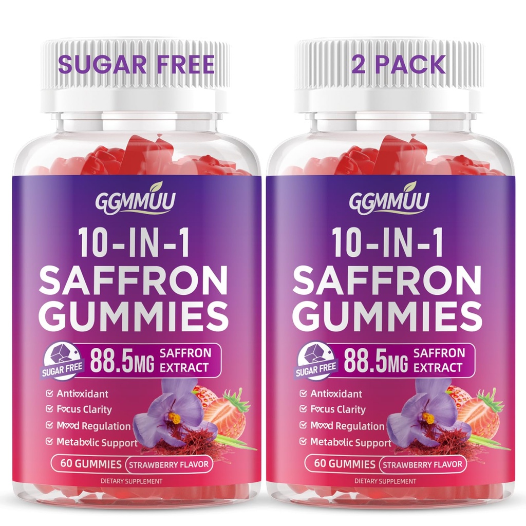 2 Pack Saffron Supplement Gummies, 10-in-1 Cortisol Supplement with Saffron 88.5mg, Magnesium, Rhodiola Rosea, Ashwagandha, L-Theanine, St. John's Wort, for Calm, Focus, Relaxation, 120 Count