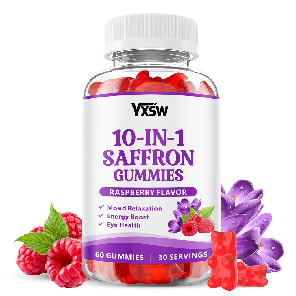 Saffron Gummies, Saffron Supplements for Kids & Adults with Ashwagandha, L-Theanine, Lemon Balm, Vitamin D3, B6, Magnesium & Zinc - Support Focus, Relaxation, Raspberry Flavor, 60 Count
