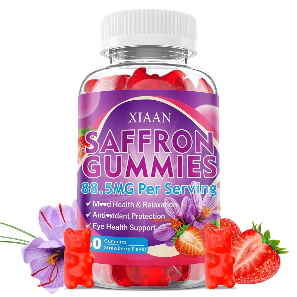 Saffron Supplements for Kids & Adults, 10 in 1 Saffron Gummies 88.5mg Saffron Extract with Ashwagandha, L-Theanine for Calm, Zzz, Antioxidant, Sugar-Free/Organic, Strawberry Flavor 60 Count