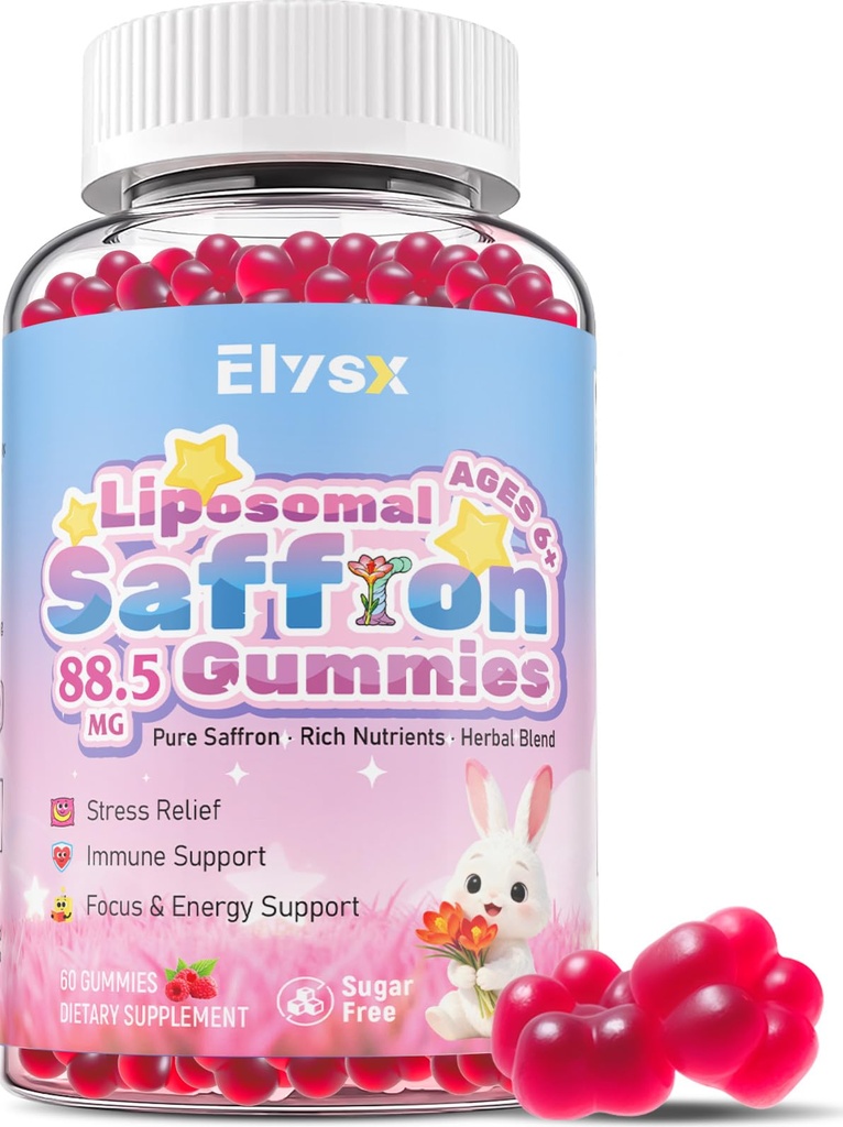 Liposomal Saffron Gummies for Kids and Adults, Pure Saffron Extract Supplements with Holy Basil, Rosemary, Magnesium Glycinate, L-Theanine, Stress Relief & Focus Support, Sugar Free, 60 Ct