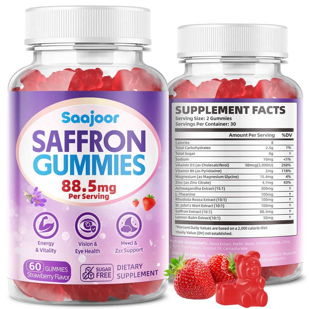 Saffron Gummies for Adult Kids - with Saffron 88.5mg, Vitamins D3 & B6, Magnesium, Zinc, Ashwagandha, L - Theanine, St. John's Wort - Supports Mood & Focus, Strawberry Flavor, 60 Count