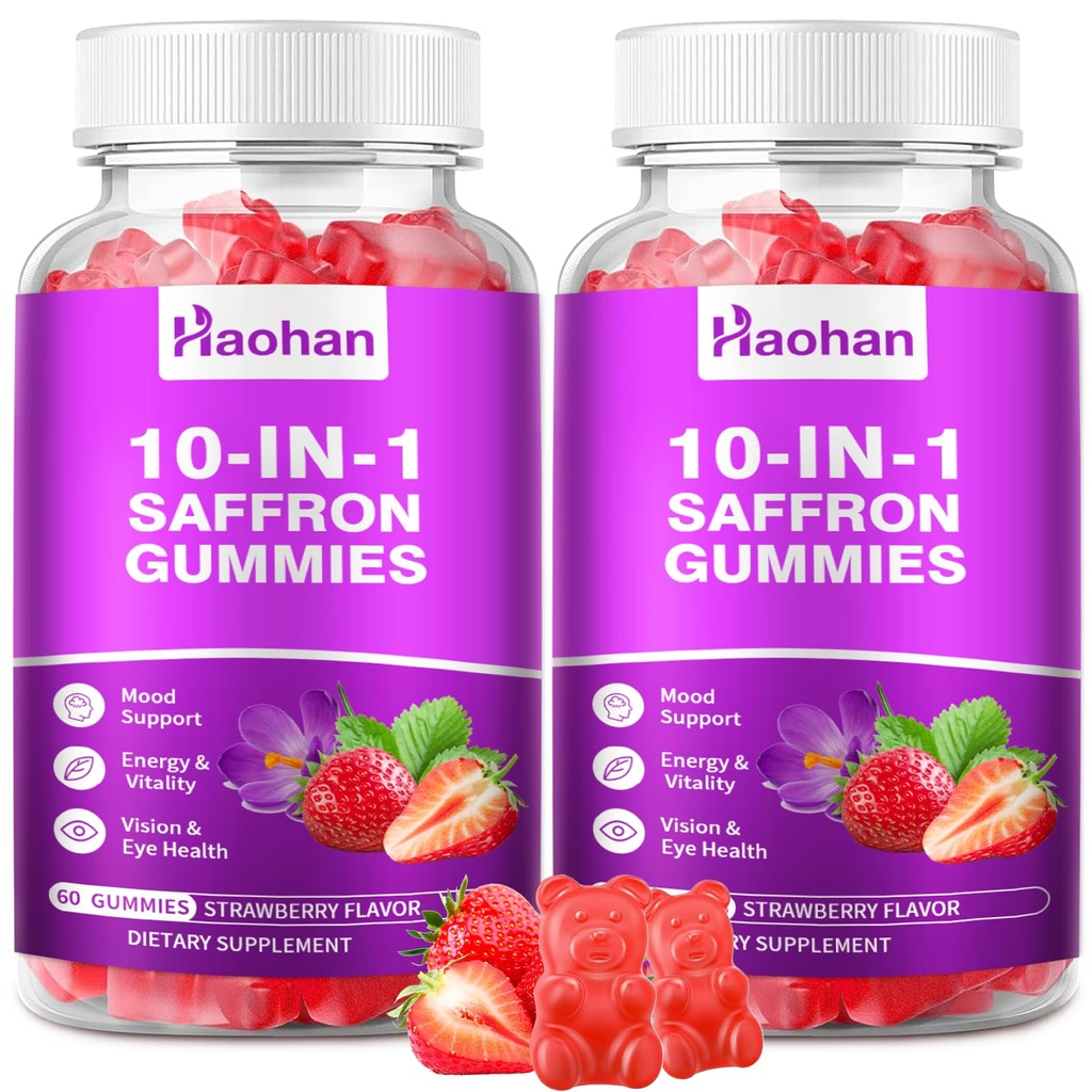 Haohan Saffron Gummies for Kids & Adults - 10-in-1 Supplement with 88.5mg Organic Saffron Extract to Support a Calm Mind & Focus. Sugar-Free, Non-GMO, Strawberry Flavor, 120 Count