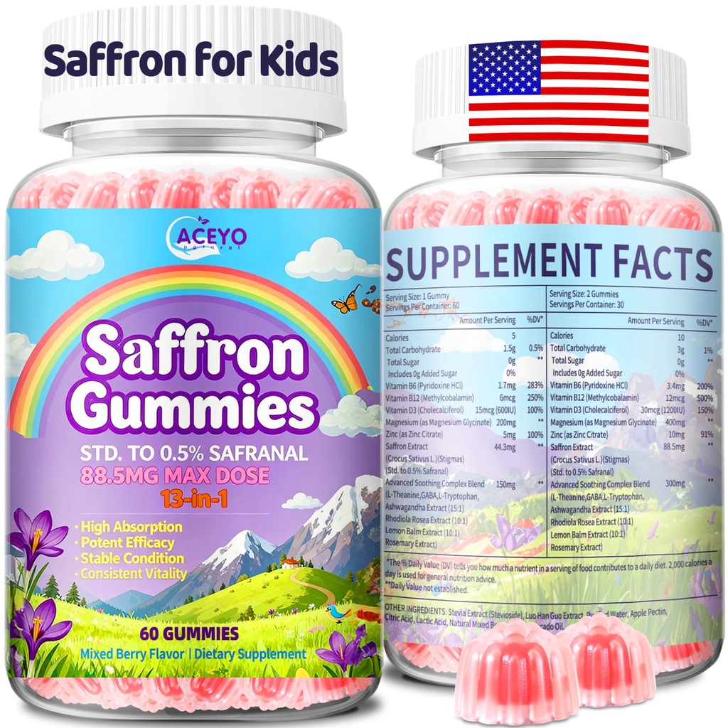 Saffron Gummies for Adults & Kids,88.5mg Saffron Extract with Magnesium Glycinate,L-Theanine,GABA,Ashwagandha,Rhodiola Rosea,Vitamins B6/B12 & D3,Supports Stable State & Vitality,Sugar-Free,60 Gummies