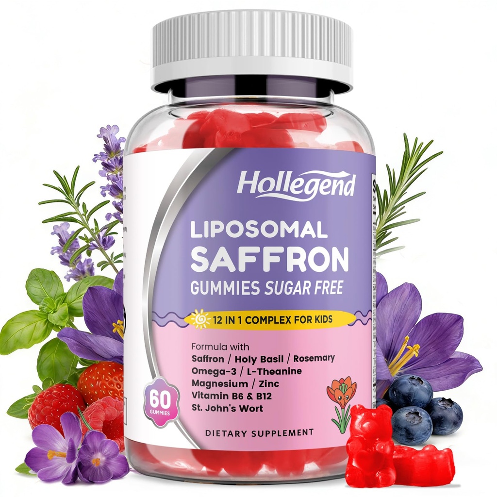 Saffron Gummies for Kids, Liposomal Saffron Extract Supplements with Holy Basil, Rosemary, L-Theanine, Magnesium, Omega-3, B6&12 for Focus & Brain Health, Sugar Free, Mixed Berry, Vegan, 60 Chews