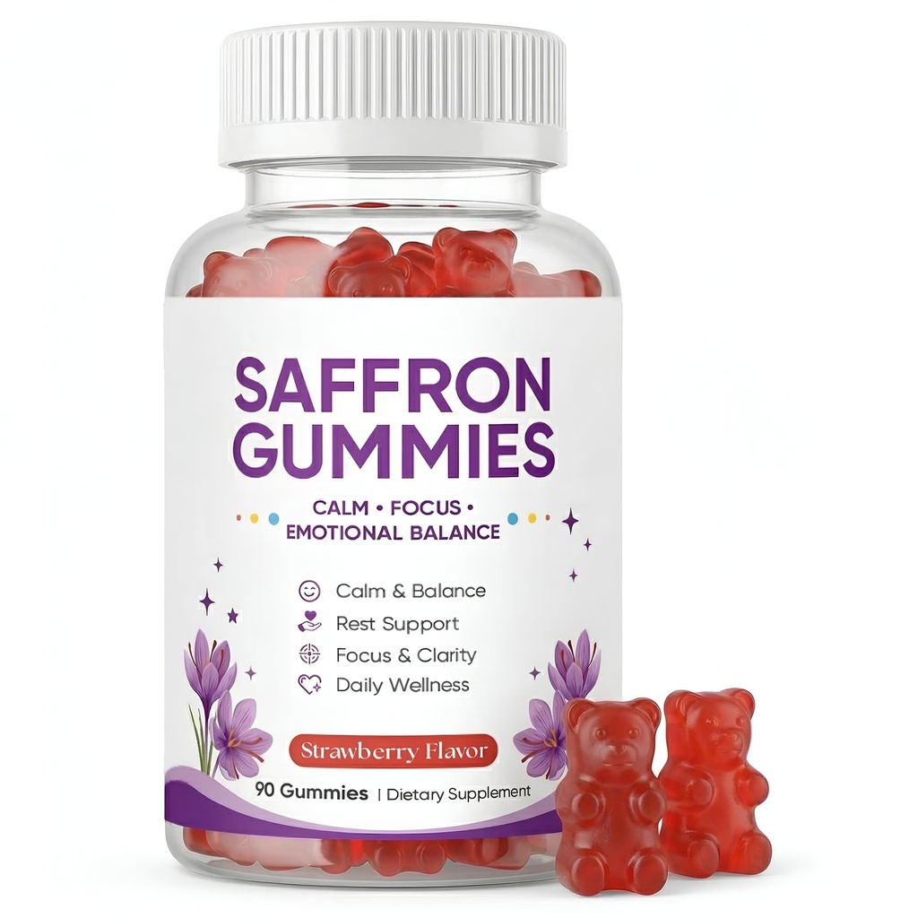 Saffron Gummies, Mood & Calm Support withPassion Flower, St. John's Wort, GABA & Vitamin D2,Emotional Balance & Focus Formula, Strawberry Flavor, 90Gummies
