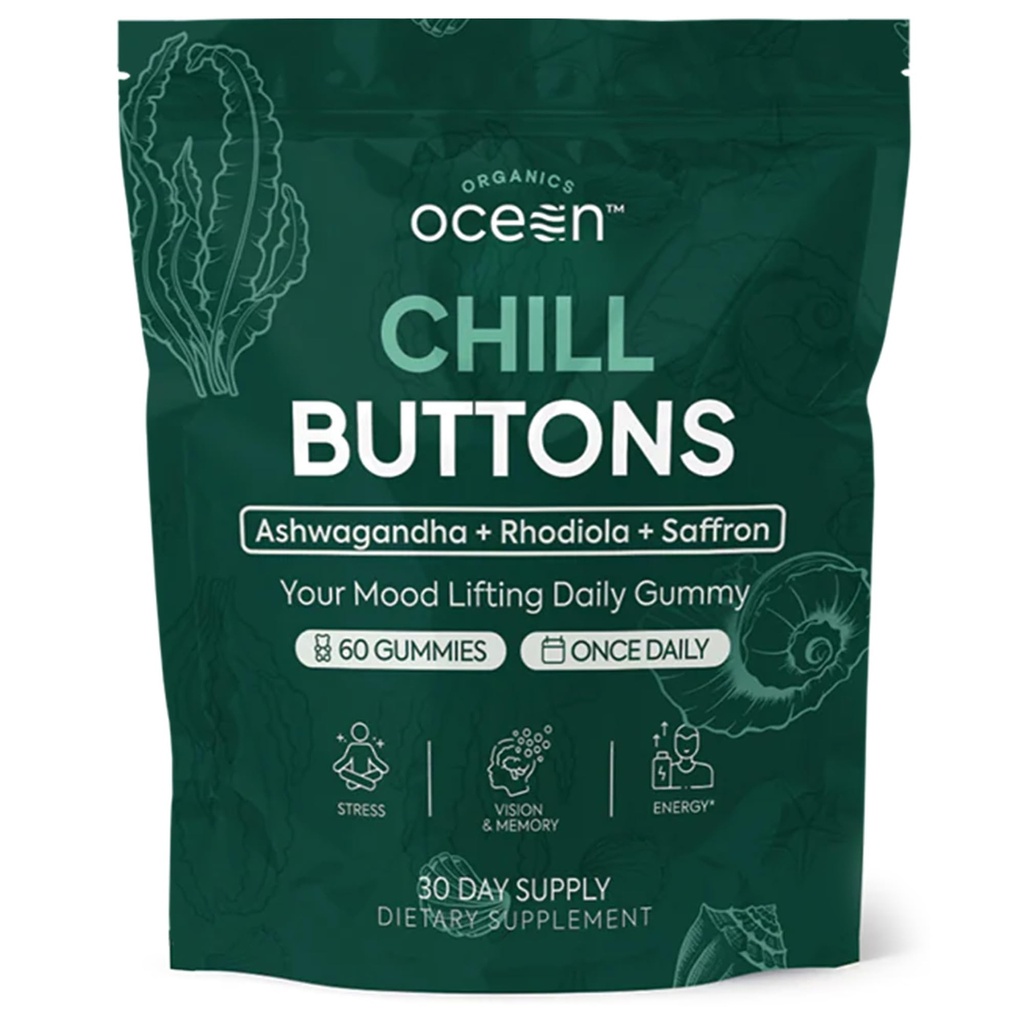 Organics Ocean Chill Buttons – Natural Ashwagandha Gummy Supplement with Organic KSM-66, Saffron & Rhodiola Rosea – Supports Relaxation, Mood, Focus & Energy - 1-Pack, 60 Count