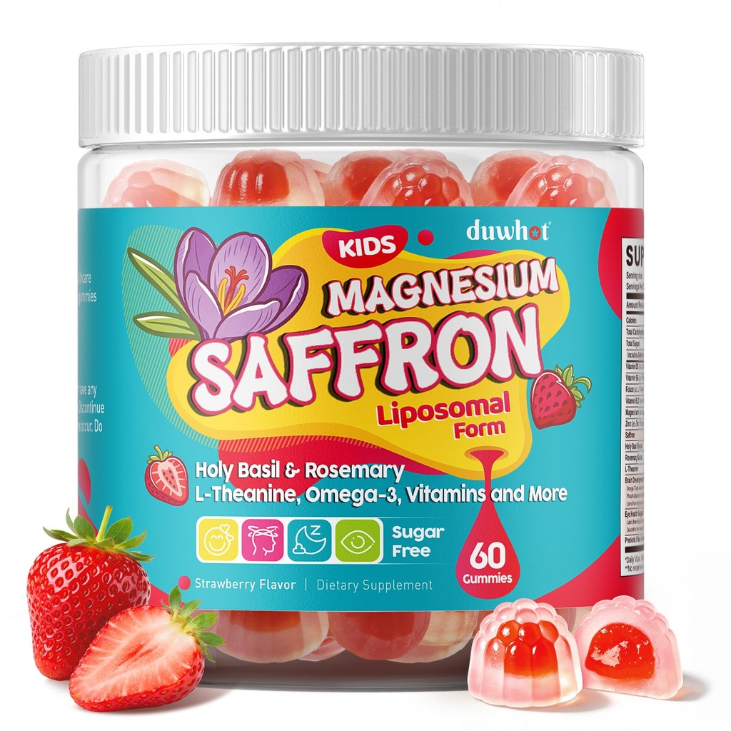 duwhot Saffron for Kids Gummies Sugar Free, Saffron Magnesium Supplement w/Holy Basil, Rosemary, Omega-3 & Vitamins for Happy Kids, Brain, Energy & Vision Support, Vegan, Organic, 60 Chewables