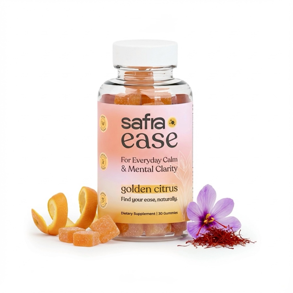 Safra Ease Saffron Gummies – Clinically Studied Affron® Saffron Extract 30mg + L-Theanine 100mg – Mood Support, Calm & Emotional Balance – 30 Count