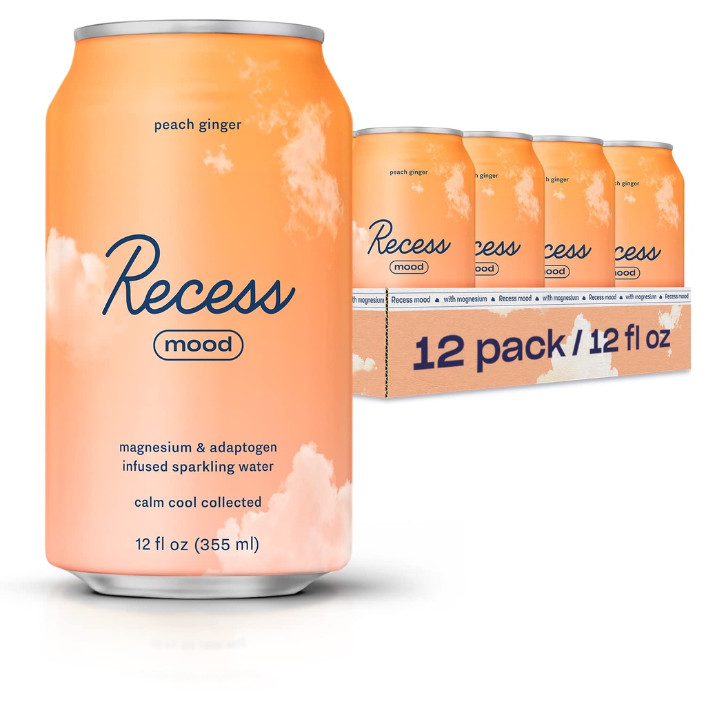 Recess Mood Magnesium " Adaptogen Drink, Relax Beverage, 12 onzas (Peach Ginger, 12 pack)