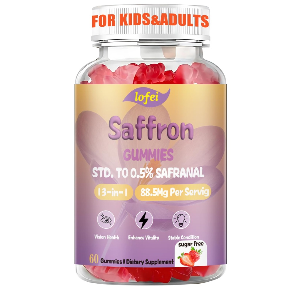 Lofei Saffron Supplements Gummies for Kids & Adult,12-in-1 Formula with Saffron 88.5mg,Vitamin B6,D3,B12,Magnesium,Zinc,St.John's Wort,Ashwagandha,Support Zzz,Strawberry Flavor,60 Count(Pack of 1)