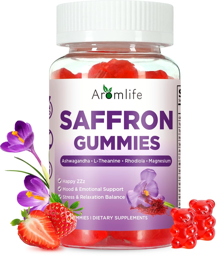 Aromlife Saffron Gummies for Happy ZZz & Focus, 88.5mg Per Serving Saffron Gummies with Ashwagandha, L-Theanine & Turmeric for Adults, 60 Count Sugar Free Ashwagandha Gummy Strawberry Flavor Vegan
