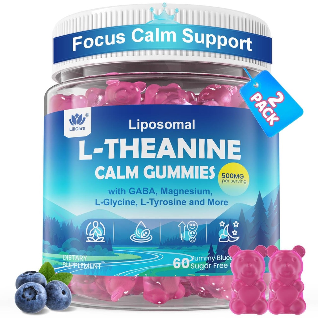 L Theanine Calm Gummies 500mg, Sugar-Free Liposomal L-Theanine Supplement, w/Safforn, Magnesium Glycinate, GABA, Ashwagandha, Algae Omega-3, Vitamin D3 B12, for Brain Calm, Relax, Mood, Zzz, 120Cts