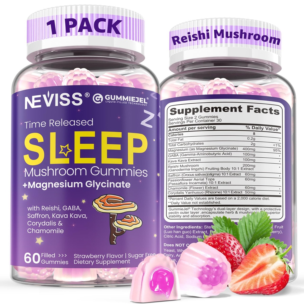 NEVISS Reishi Mushroom Sleep Gummies - Melatonin Free Sleep Gummies for Adult | Reishi, Saffron, Magnesium, GABA & Chamomile - Non-Habit Forming, Help for Deep Relaxation - Vegan, Berry Flavor, 1Pack