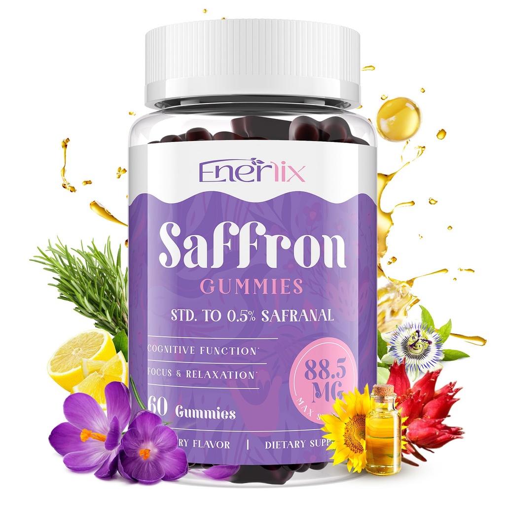 Enerlix Saffron Gummies 88.5 mg with Magnesium, Max Strength Saffron Supplements with St. John’s Wort, GABA, Rhodiola, Rosemary & Passion Flower Extracts for Mood, Focus - 60 Servings