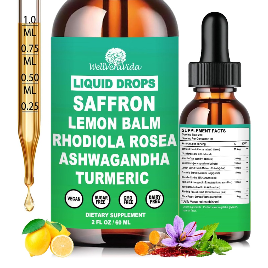 Saffron Supplements Liquid Drops- 88.5mg Pure Saffron Extract for Stress Relief & Calm Mood Support丨Advance 8-in-1 liquid Saffron w. Ashwagandha & Rhodiola Rosea, Fast Absorption Than Saffron Gummies