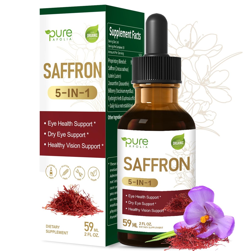 Saffron Extract Eye Health Liquid Drops Support Healthy Vision & Dry Eye, 5-in-1 Herbal Supplement w/Bilberry Lutein Zeaxanthin - High Potency Alcohol-Free Tincture. 2oz