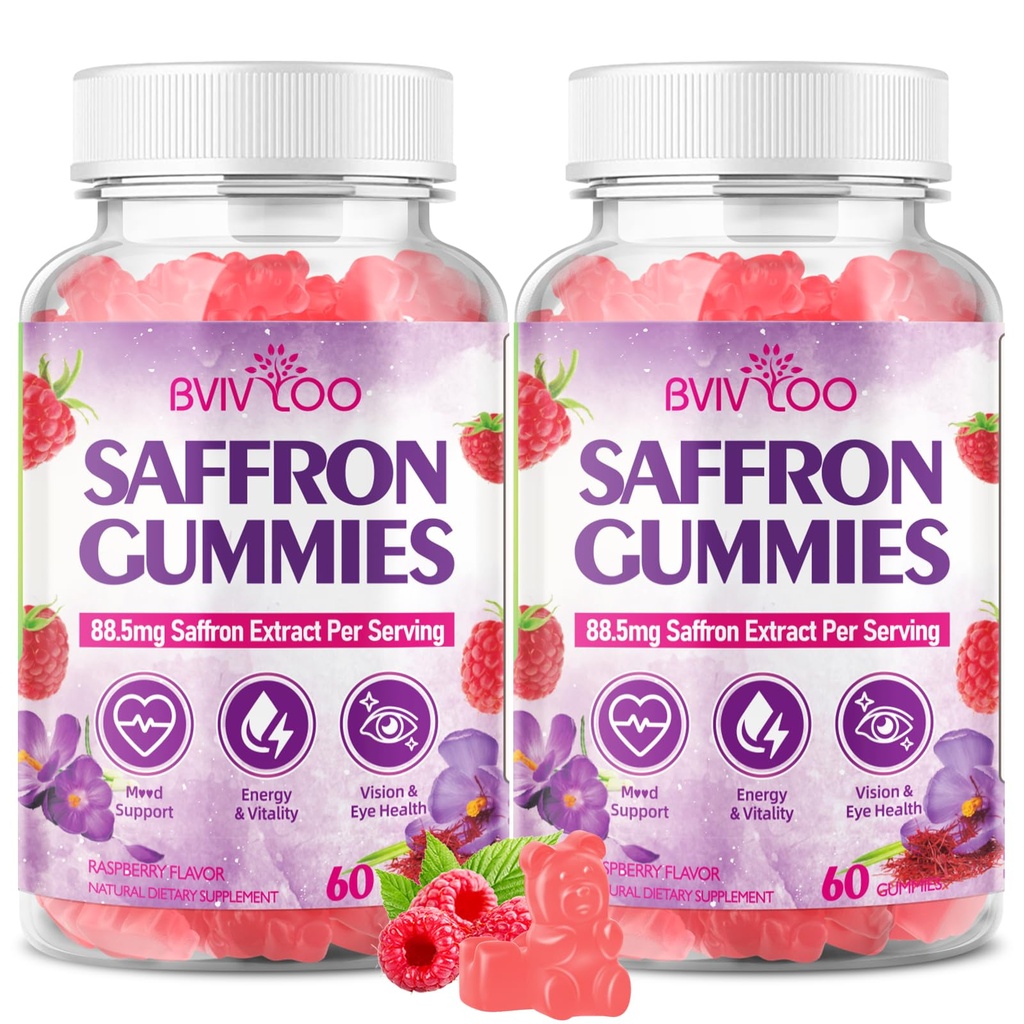 Saffron Gummies for Adult Kids, 10-IN-1 Formula with Saffron 88.5mg, Vitamins D3 & B6, Magnesium, Zinc, Ashwagandha, L-Theanine, St. John's Wort - Supports Mood & Focus, Raspberry Flavor, 120 Count