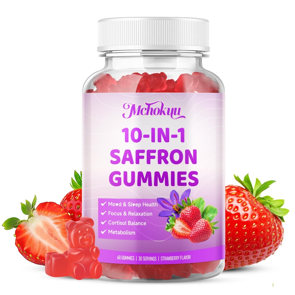 Saffron Supplements Gummies for Kids & Adults Vision, Zzz, Focus & Cortisol with Ashwagandha, L-Theanine, Rhodiola Rosea, St.John's Wort, Lemon Balm, Vitamin D3, B6, Magnesium & Zinc, Strawberry, 60Ct