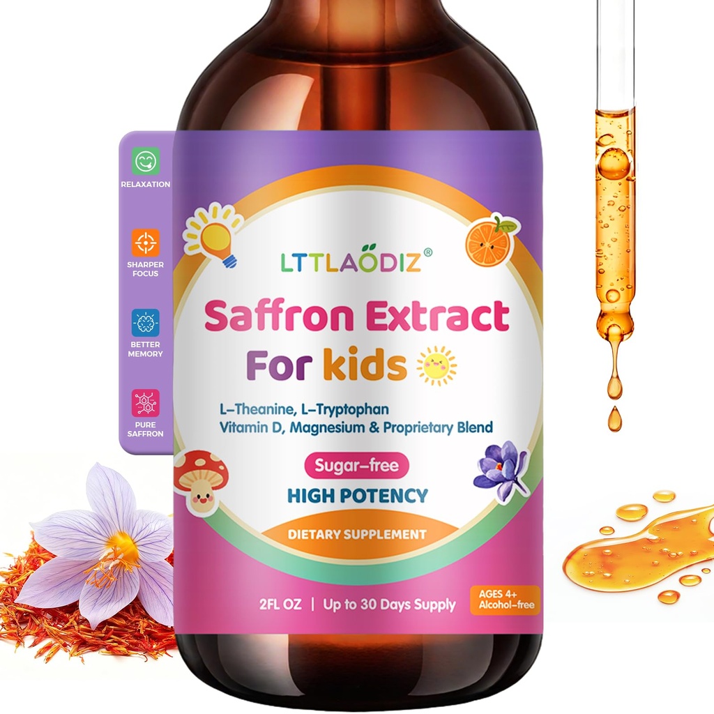 Liposomal Kids Saffron Drops – Organic Saffron Extract Liquid with Holy Basil, Passion, L-Theanine for Focus, Energy Support, Well-Being, Easy to Take Saffron Supplements for Kids, Vegan, 2 FL OZ