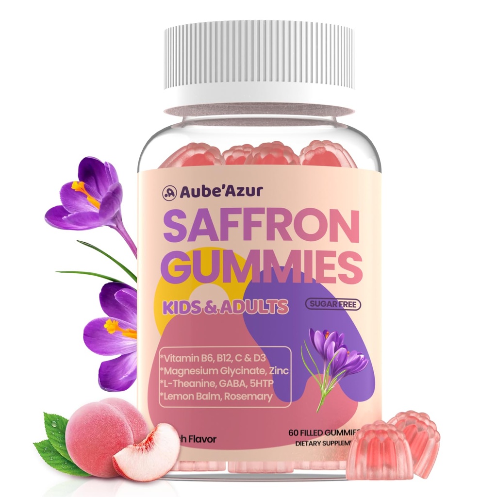 Aube'Azur Saffron Gummies for Kids, 15-in-1 Saffron Supplements for Kids, with B6, B12, C, D3, Magnesium Glycinate, Zinc for Nerve, Rest, Focus, Sugar Free, Vegan, Non- GMO, Peach Flavor, 60 Count