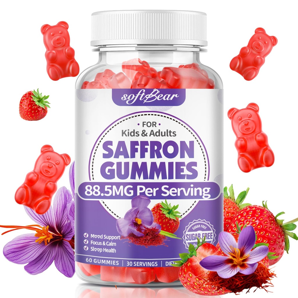 softbear Saffron Gummies for Kids & Adults, 10-in-1 Organic Saffron Supplements with 88.5mg Saffron Extract Support Calm Mind & Focus & Zzz, Sugar Free/Non-GMO, Strawberry Flavor 60 Count