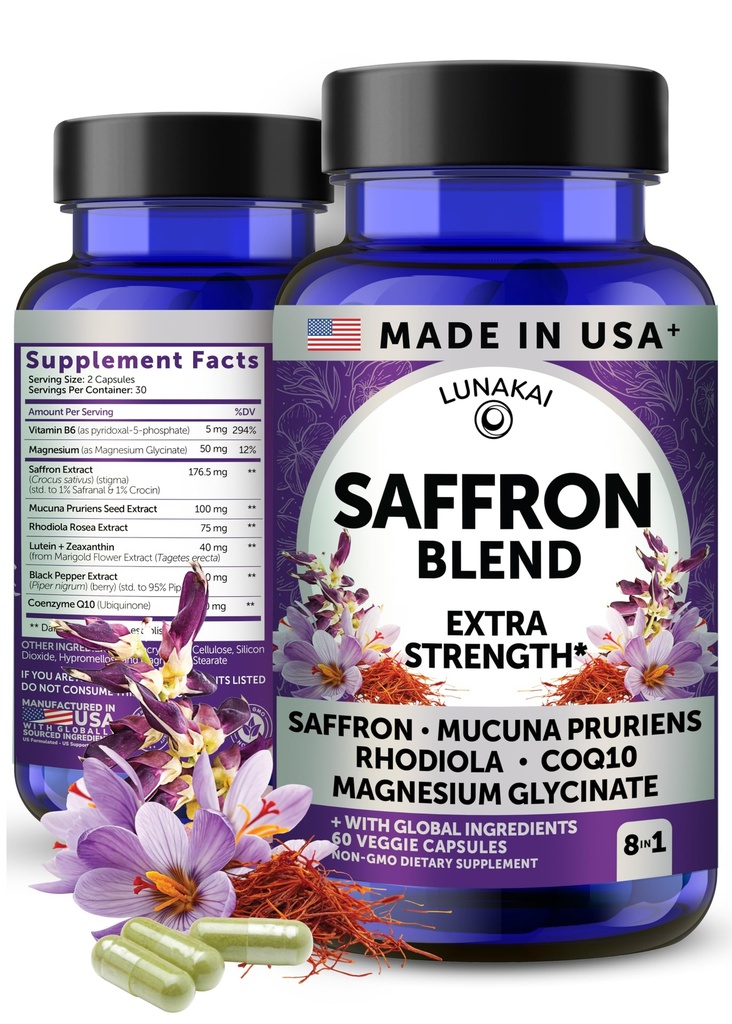 Lunakai USA Made Saffron Supplements for Women & Men 176mg – 8-in-1 Saffron Extract Capsules with Rhodiola & Mucuna for Daily Mood, Focus & Eye Support, Non-GMO, 60ct