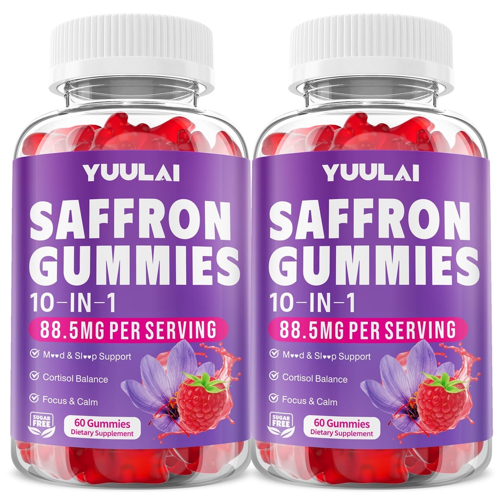 Pack of 2 Saffron Gummies, 10-in-1 Saffron Supplements for Kids & Adults with 88.5mg Saffron Extract, for Emotions, Zzz, Sugar Free, Raspberry Flavor, 120 Count
