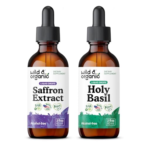 Wild & Organic Saffron Extract Tincture 2 fl oz & Holy Basil Tincture 2 fl oz
