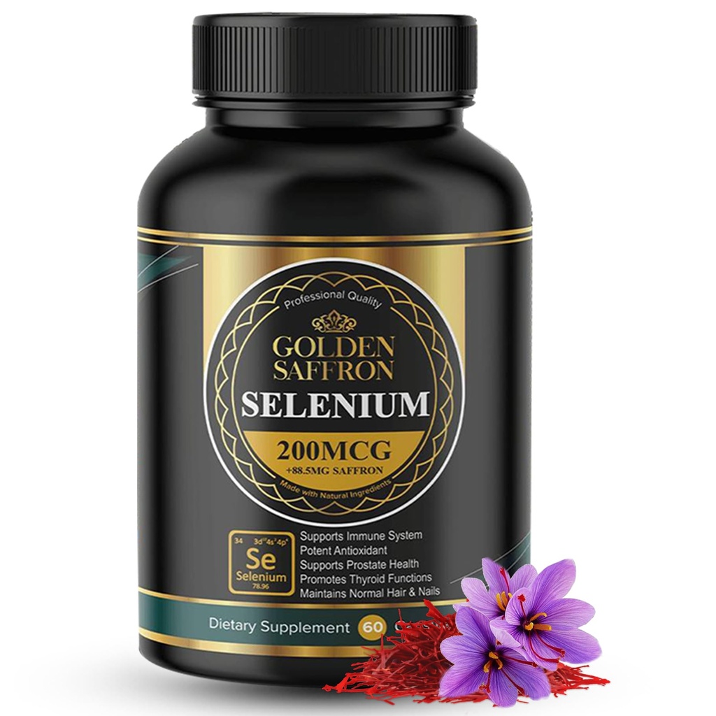 Golden Saffron Selenium (200mcg Selenium & 88.5 mg Saffron Extract) - to Support Overall Health, Non-GMO, Gluten Free, Dairy Free, with Unique and Advanced Formula – Made in USA & Tasteless.