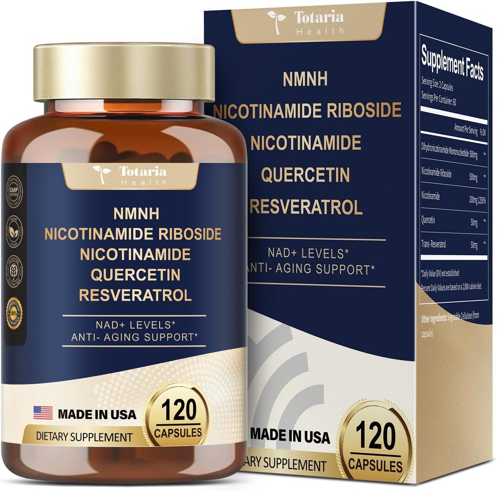 Totaria NMNH (Dihidronicotinamide Mononucleotide), NMNH Suplemento w/Niacinamide (Vitamin B3), Quercetin, Trans-Resveratrol, Support NAD+, Skin Cell Health*, Anti-Aging &amp; Energy, 120 Caps