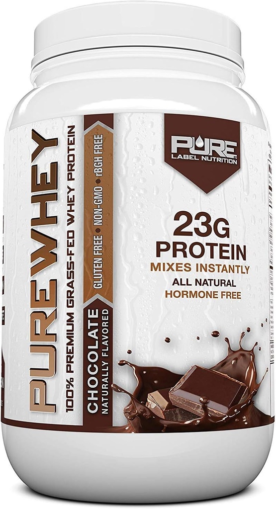 Nutrición de etiquetas puras 100% Grass-Fed, Chocolate Whey Concentrate Protein Powder (24g) con Aminoácidos Esenciales, para Pre y Post Workout Recuperación & Muscle Building, Low Fat & Low Carbs - 2lbs