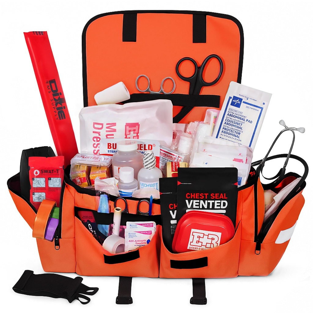 Fully Stocked EMT Trauma Bag – Tactical First Responder Medical Kit with Tourniquet, Chest Seals, Bleeding Control, Gauze, Shears & Bandages – Orange