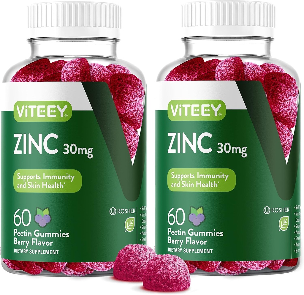 Viteey Zinc Gummies para Hombres y Mujeres - Zinc Suplementos 30mg - Immune Boost &amp; Skin Health - Vegan, Gluten Gratis - 120 Condes